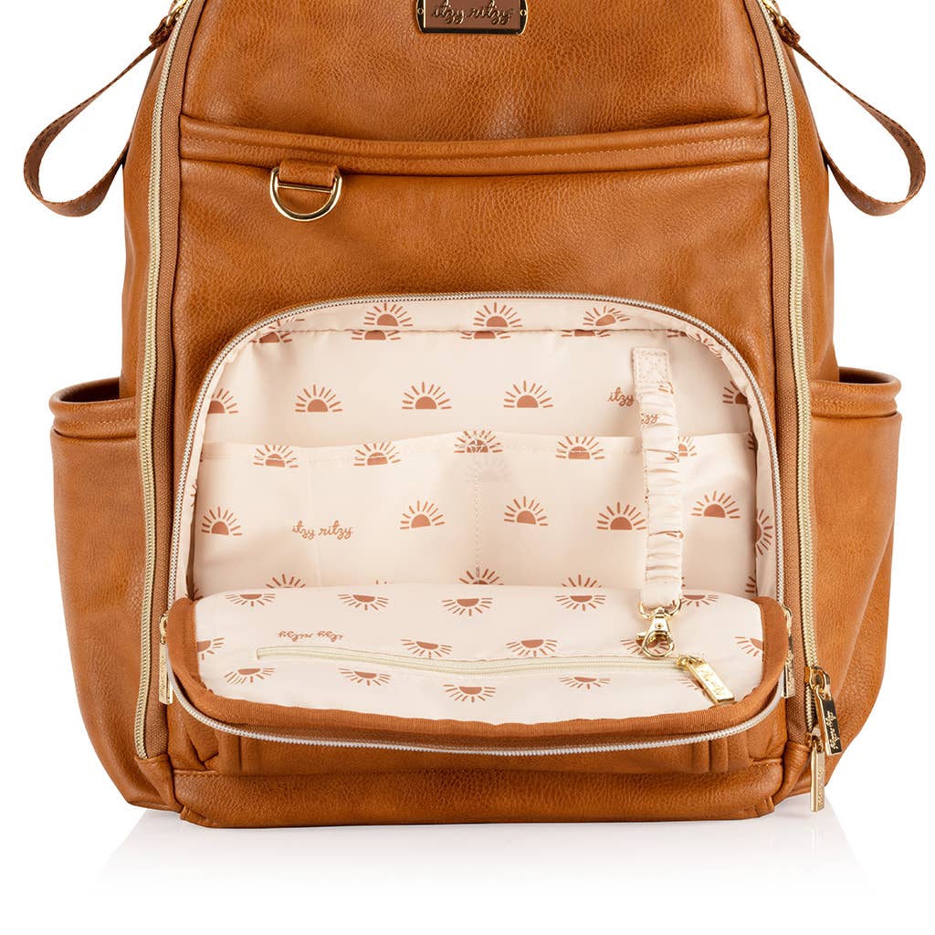 Brown backpack with a patterned interior on a white background