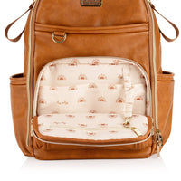 Brown backpack with a patterned interior on a white background