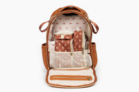 Brown backpack with organized compartments on a white background