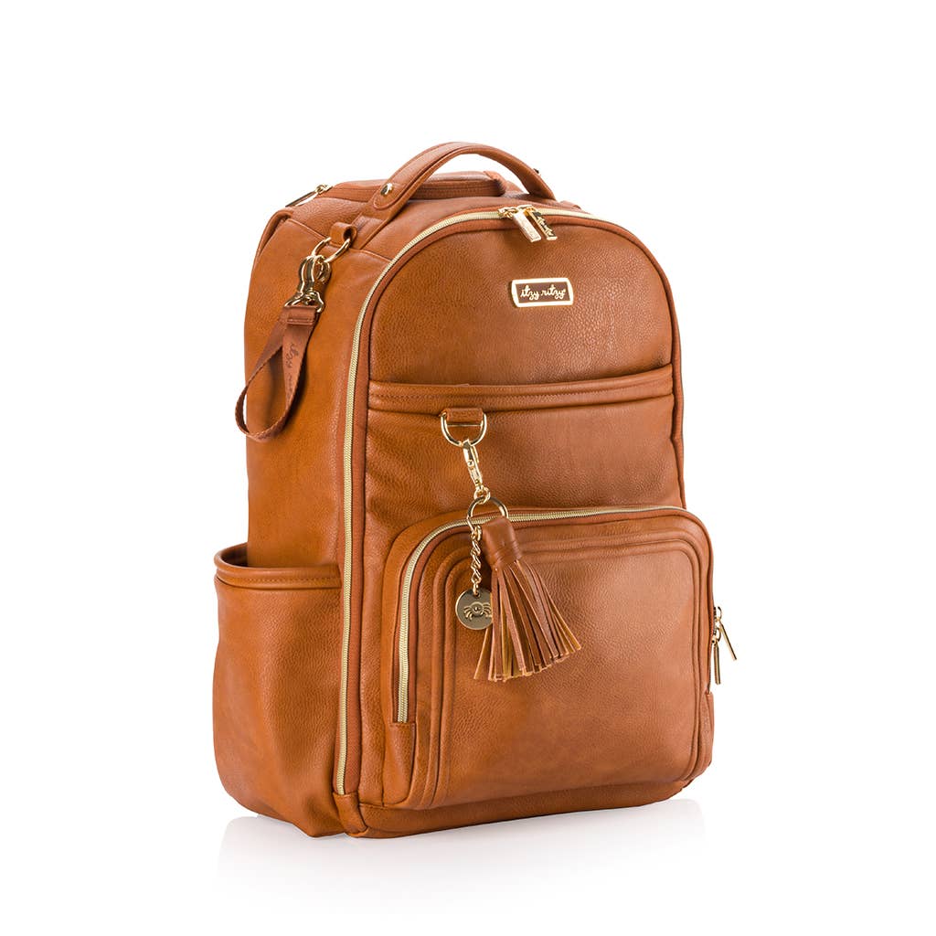 Brown leather backpack with gold accents on a white background