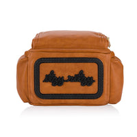Brown leather bag with a brand logo on a white background