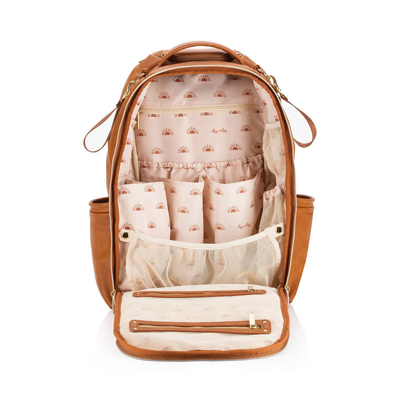 Brown backpack with open compartments on a white background