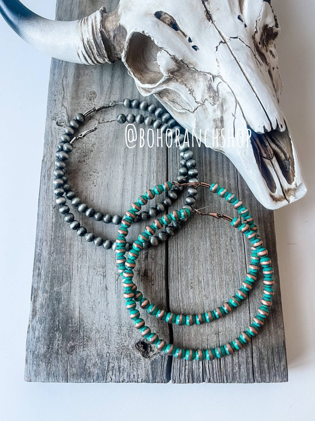 Boho Ranch Shop - 3” Navajo Pearl Hoops Earrings: Patina Turquoise-Briar & Ivy