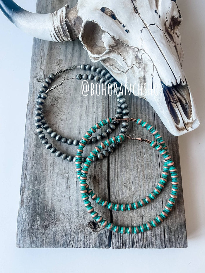 Boho Ranch Shop - 3” Navajo Pearl Hoops Earrings: Patina Turquoise-Briar & Ivy